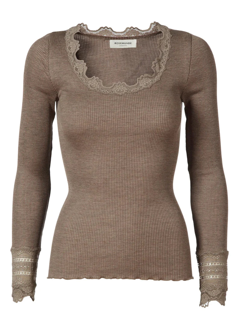 Rosemunde Blouse with lace Brown melange