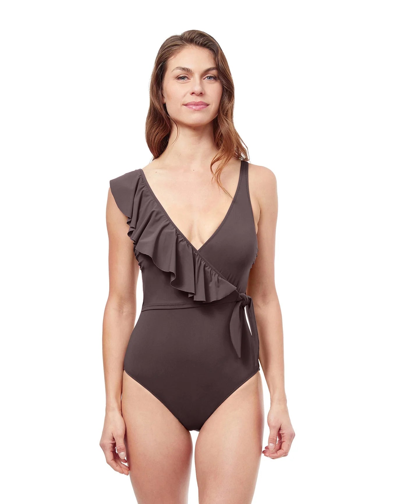 Gottex Tutti Frutti V-neck Surplice Ruffle Swimsuit Brown