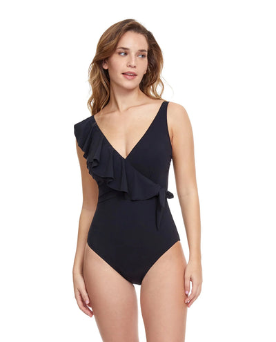 Profile By Gottex Tutti Frutti V-Neck Surplice Ruffle One Piece Swimsuit Black