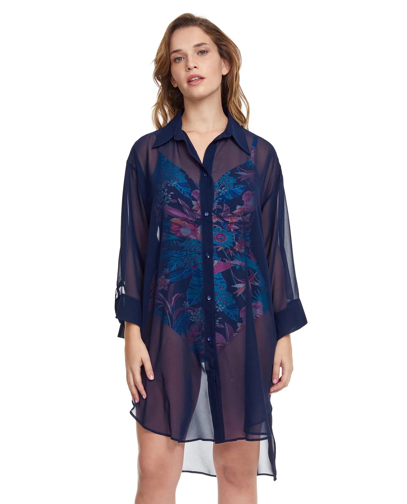 Gottex Tutti Frutti Button Down Long Sleeve Blouse Cover Up Navy