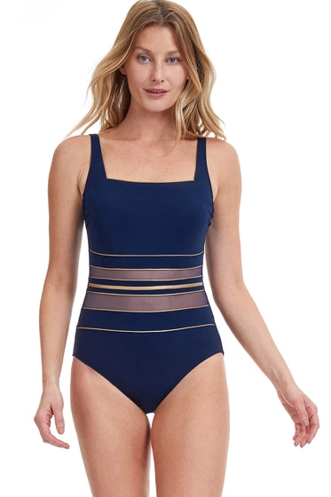 Gottex Essentials Square Neck One Piece Swimsuit Navy & Gold